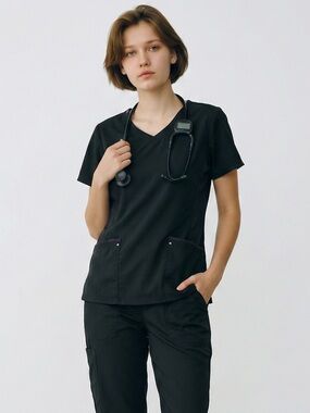 Healing Hands Purple Label Scrub Top Medium Black V Neck Stretch Nurse Medical